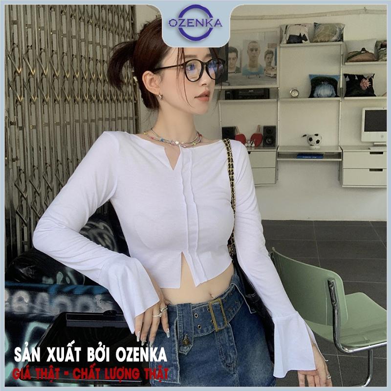 Áo croptop tay dài nữ sẻ gấu kiểu cổ rộng ozenka , áo crt thu đông thun cotton 100% màu đen trắng size dưới 55 kg