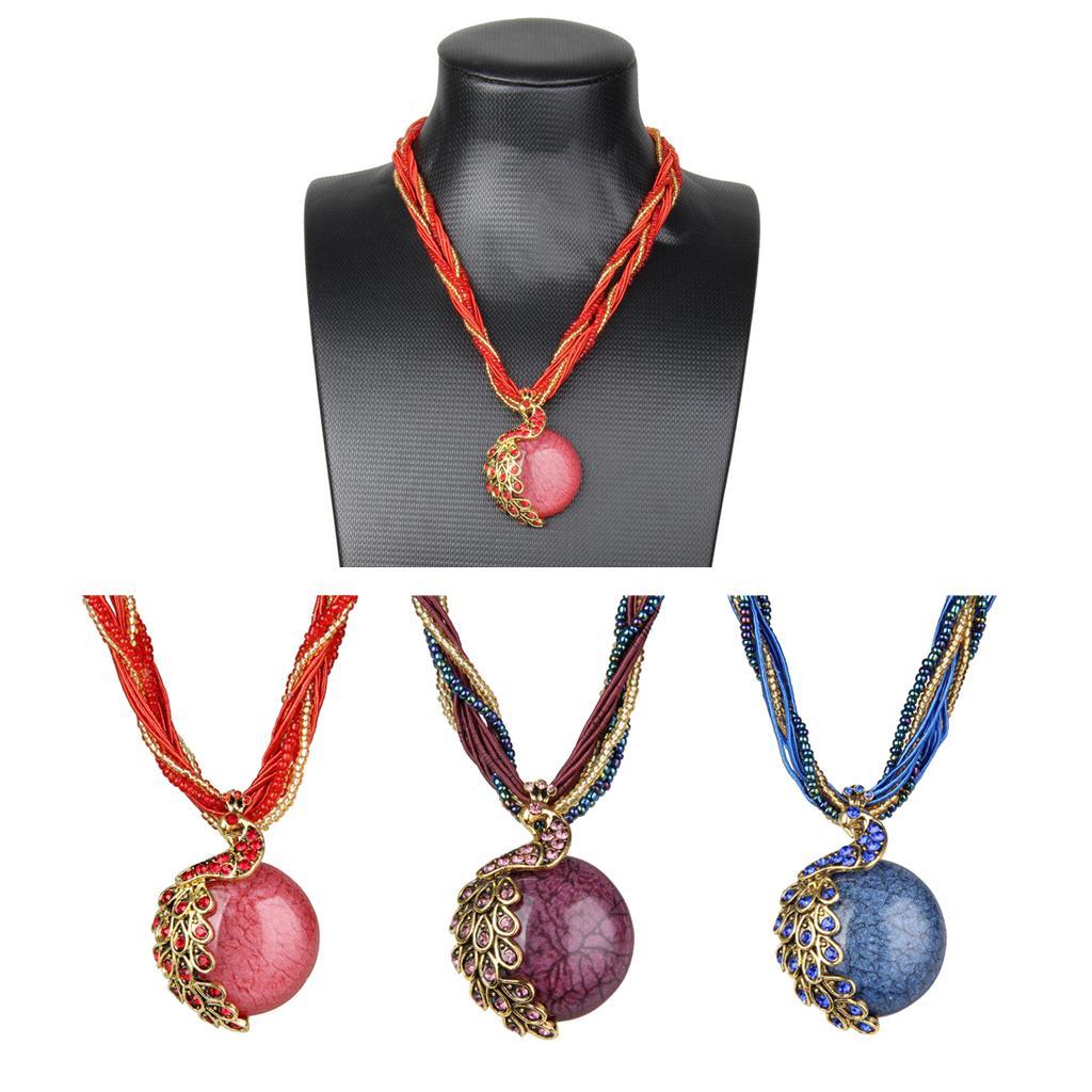 Bohemian Opal Necklace with Phoenix Peacock Pendant Jewel Accessory Red
