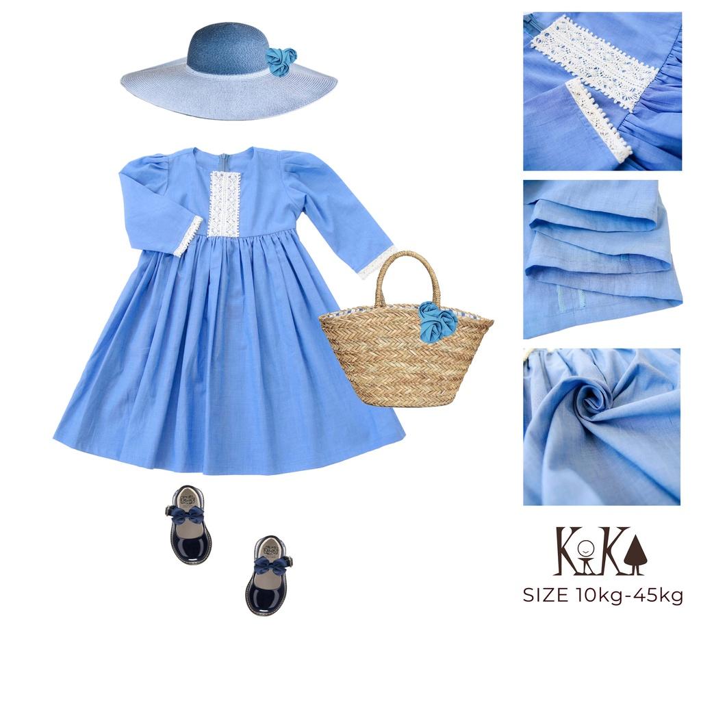 Váy đầm bé gái xanh dài tay ren phối vintage - Từ 11kg-45kg - K142