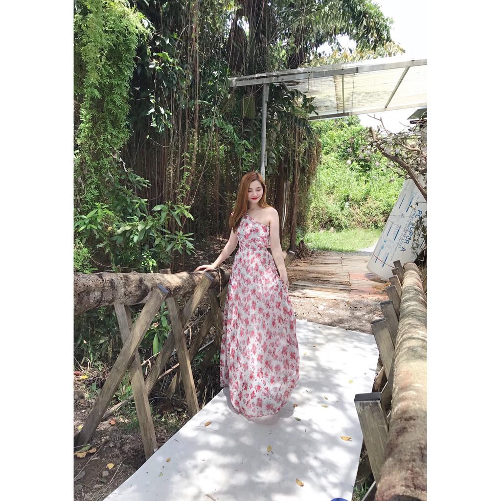 Đầm maxi hoa lệch vai bèo dễ thương, sang trọng