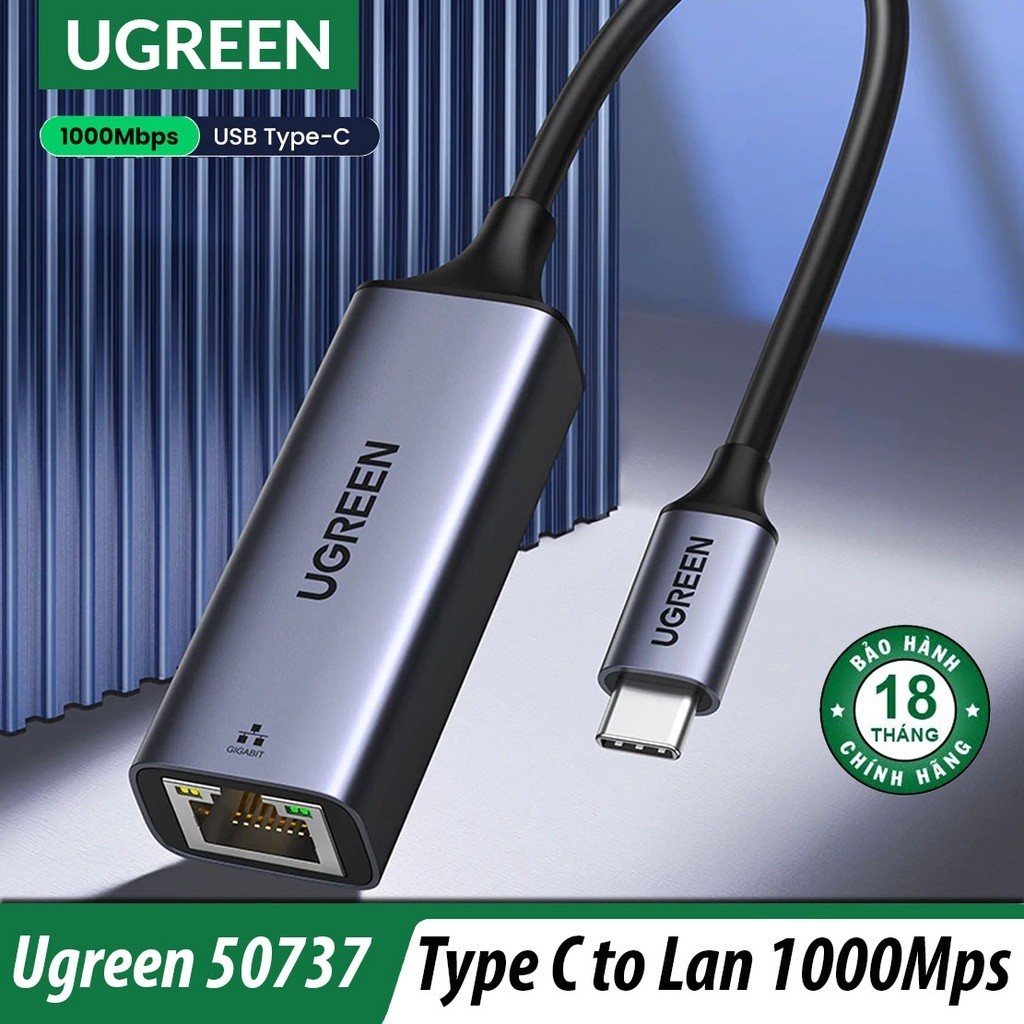 Cáp chuyển USB TYPE C to LAN Ugreen 50737 hỗ trợ 1000Mbps vỏ nhôm Cao Cấp hàng Chính Hãng