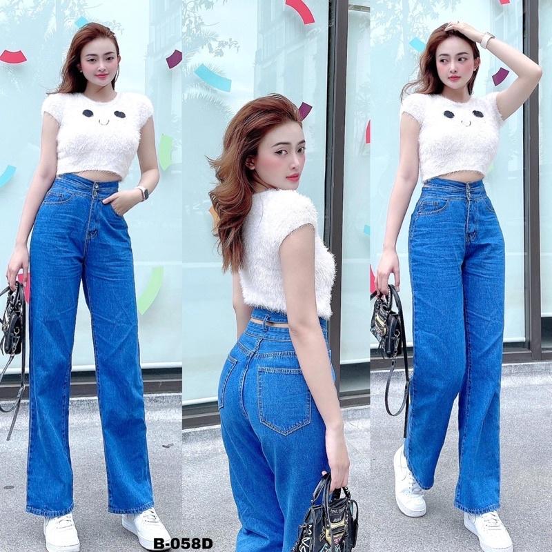 Quần jean ống rộng cạp cao ulzzang Lê Huy Fashion 2 nút kiểu xẻ lưng thời trang 2021 MS 058