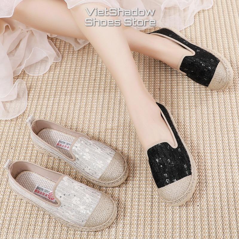 Slip on giày lười vải nữ chất liệu vải ren đính kim sa mũi và viền bo cói siêu đẹp và cá tính - Mã SP C06