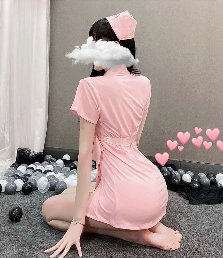 Đồ hóa trang Cosplay y tá hồng cộc tay có mũ đồ ngủ bar sàn