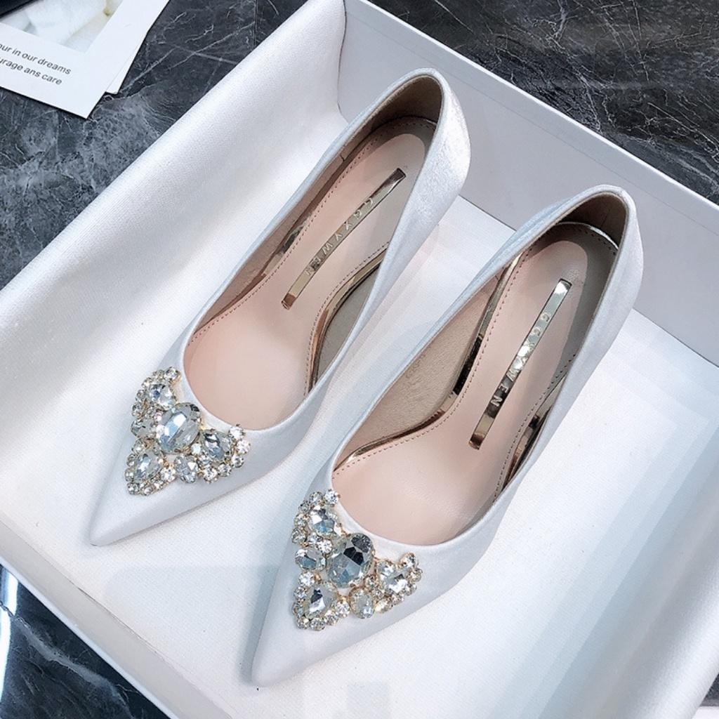 (Sẵn size 35,37,38) Giày cao gót, giày cưới đẹp chất liệu lụa satin đính đá cao cấp - GCCD009