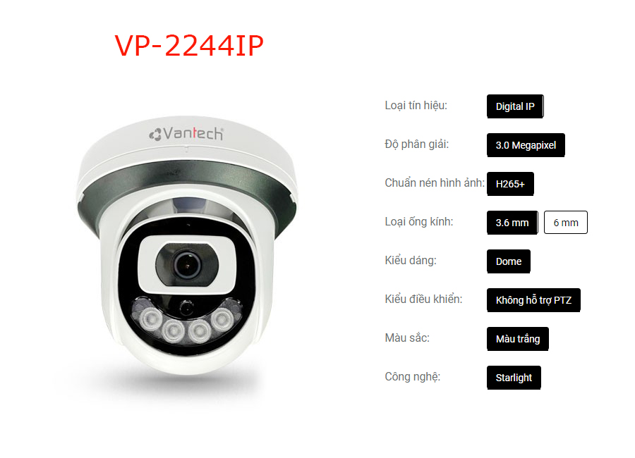 Vantech Camera 3.0MP Supper Starlight Dome VP-2244IP-Hàng chính hãng
