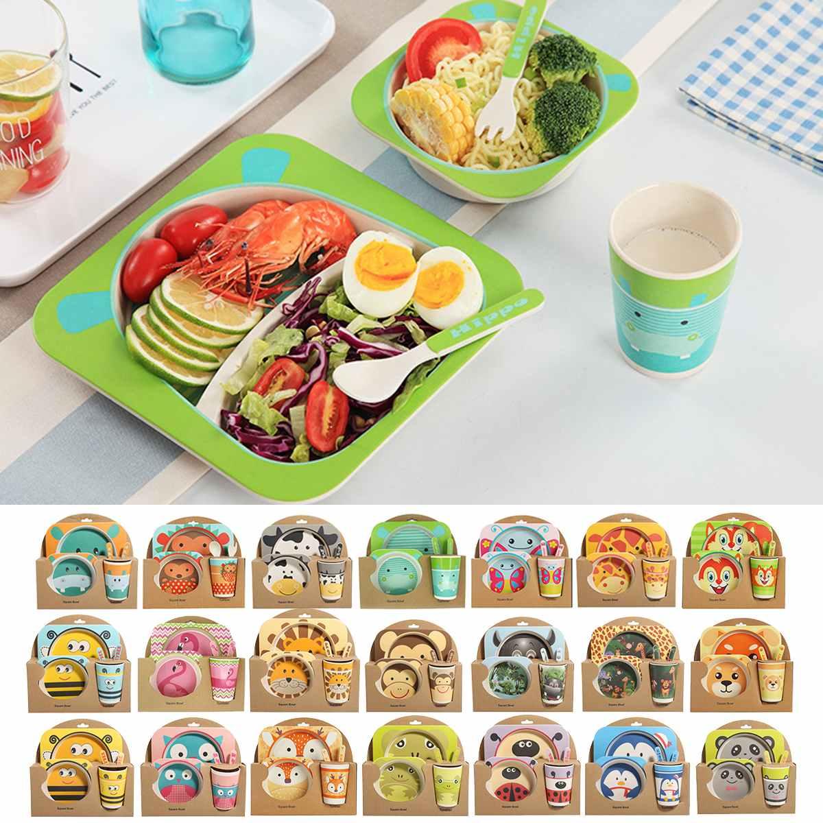 5 Cái/bộ Cho Bé Bát Đĩa Món Ăn Giỏ Muỗng Nĩa Cốc Trẻ Em Bộ Đồ Ăn Sợi Tre Trẻ Em Hoạt Hình Tách Ăn Tấm