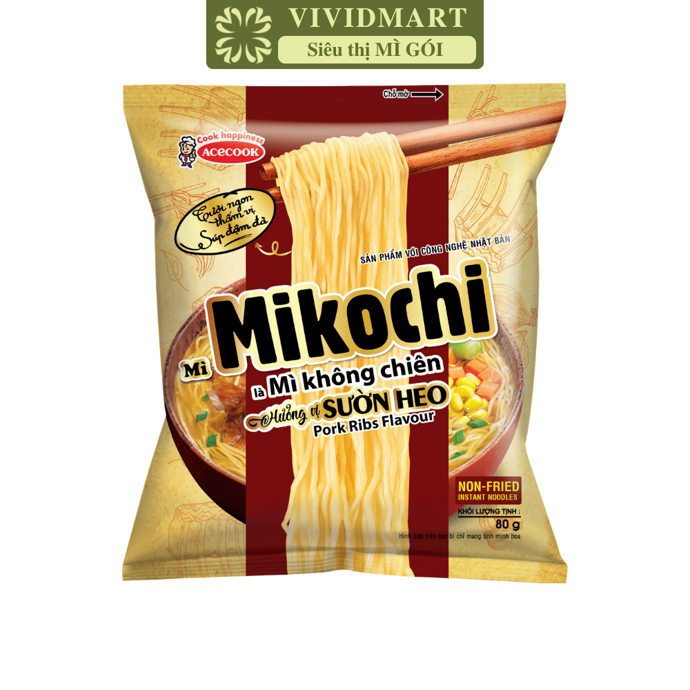 ACECOOK - Mì Không Chiên Mikochi Hương Vị Sườn Heo, mì Mikochi sườn heo, mì không chiên ăn liền (80g/gói)