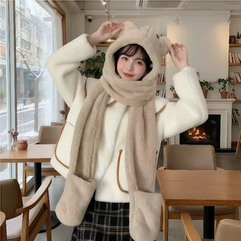 Mũ khăn quàng cổ mũ lông gấu có găng tay thời trang siêu dễ thương giữ ấm dành cho nữ