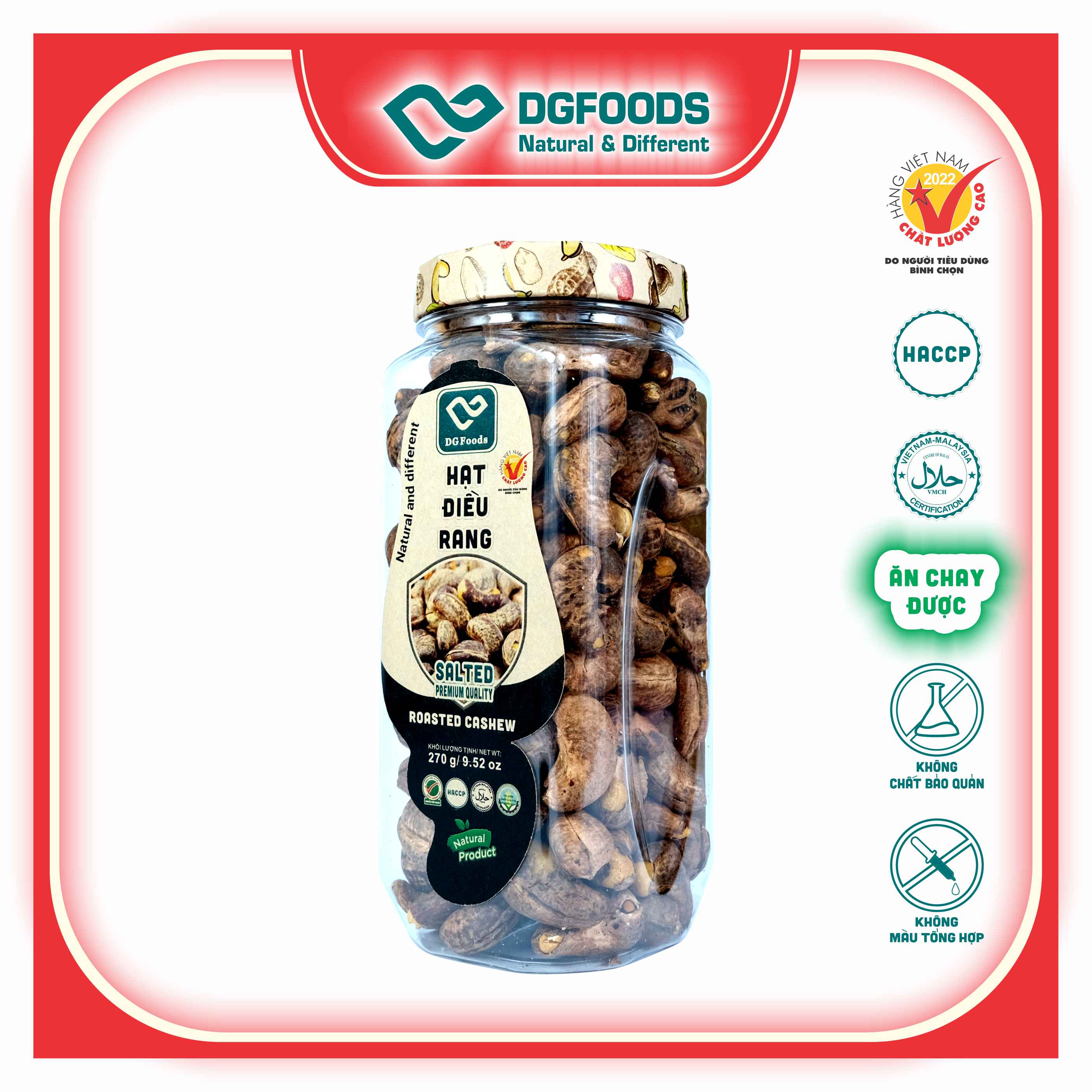 Hạt Điều Rang DGfoods 270g/ Roasted cashew/ HVNCLC, Haccp, Halal, Ăn chay, Ăn kiêng, Đặc sản Cần Thơ, Hạt điều bình phước