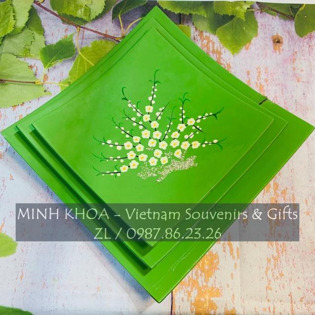 Set 3 Đĩa Vuông Cong Sơn Mài Hoa Đào Cẩn Trứng - Cherry Blossom Lacquer Tray
