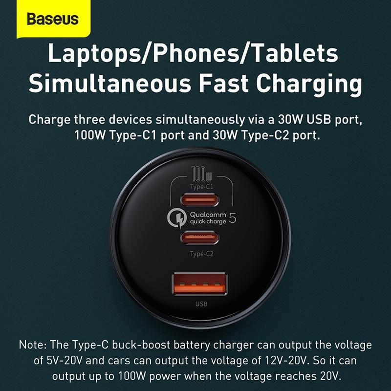 Tẩu Sạc Nhanh Công Suất Cao 160W Baseus Multi-Port Fast Charge Car Tặng Kèm Cáp C to C 100W (Quick Charge 5) (Hàng chính hãng)