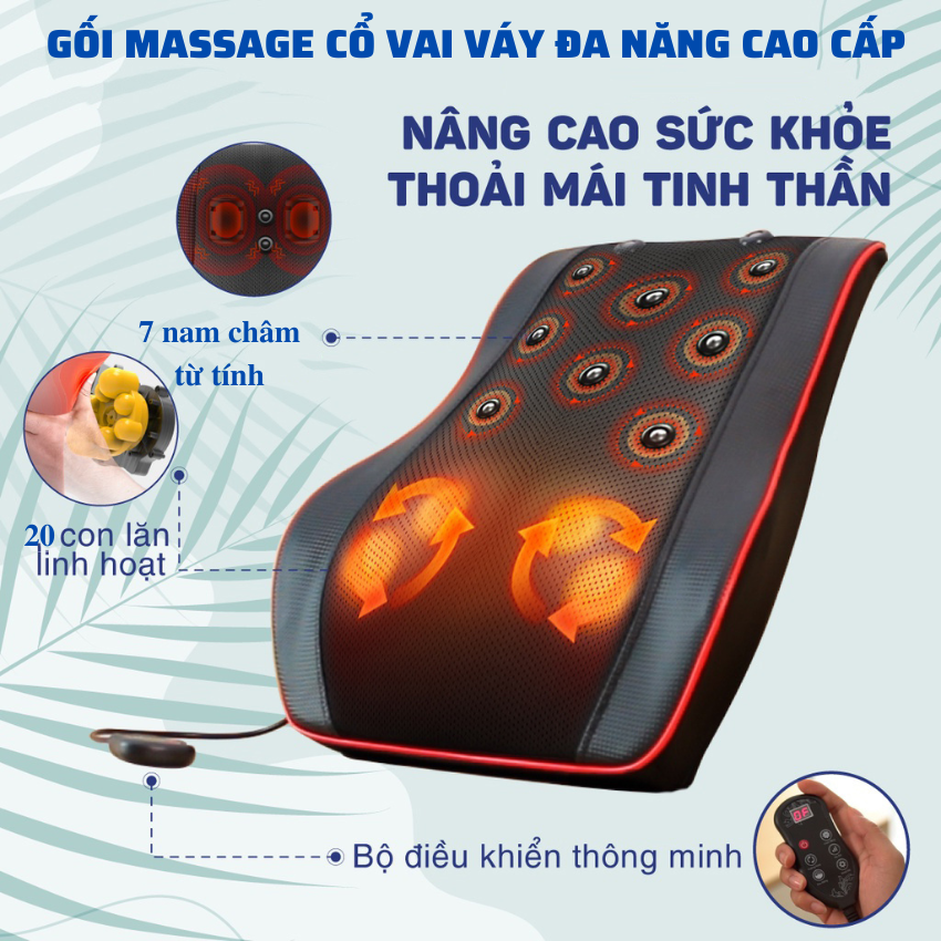 Gối massage máy mát xa cổ vai gáy đa năng cao cấp nâng cấp 20 đầu matsa lớn nhỏ kết hợp chườm nóng thảo dược có 7 nam châm từ tính giảm đau mỏi hiệu quả