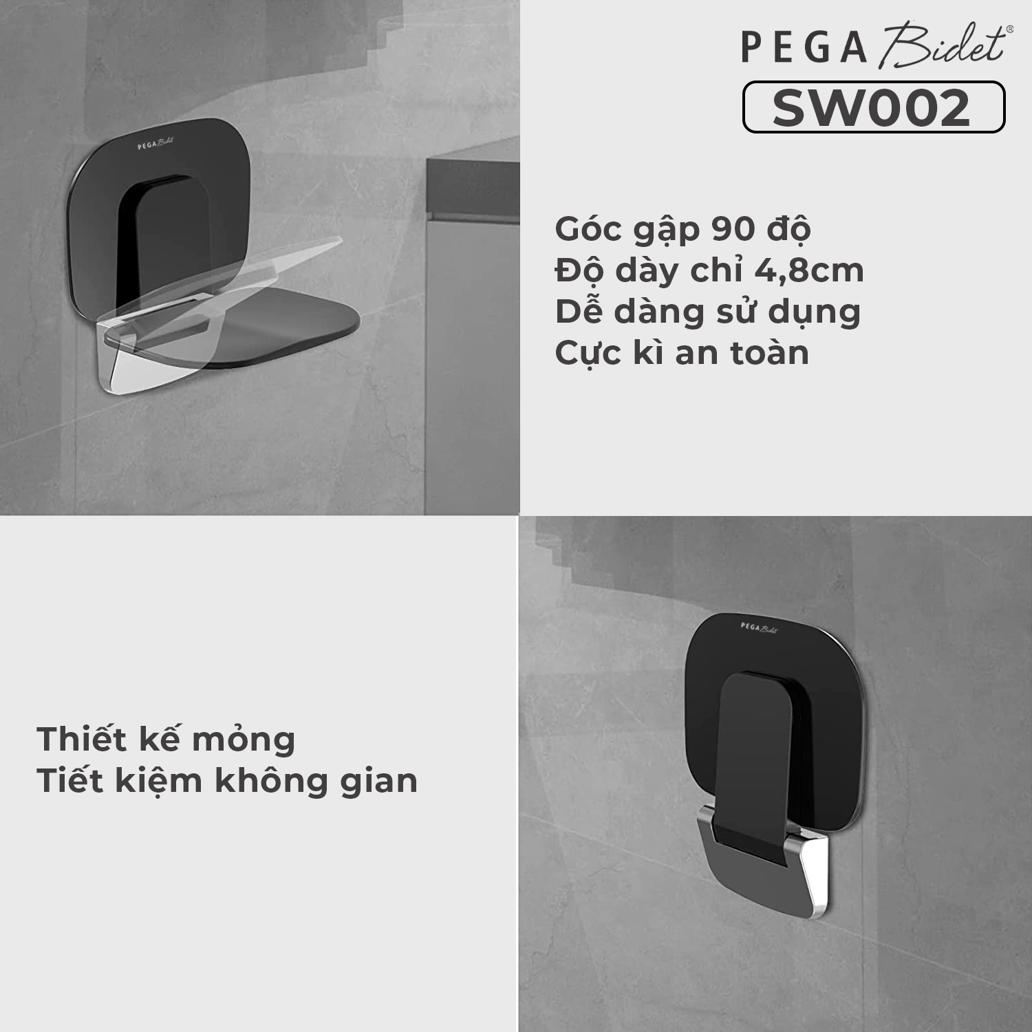 Ghế ngồi tắm treo tường cao cấp PEGA Bidet SW002 tải trọng tới 200KG, gấp mở tiện lợi - Sản phẩm đạt tiêu chuẩn Mỹ