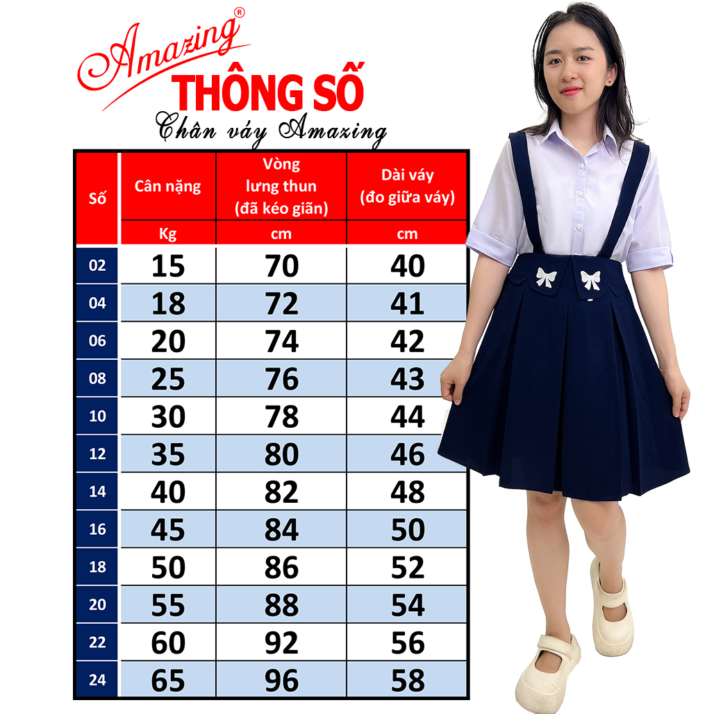 Chân váy học sinh Amazing, có quần bên trong, váy rời bé gái cấp 1, đồng phục đi học, lưng chun phía sau, có size lớn đến 60kg