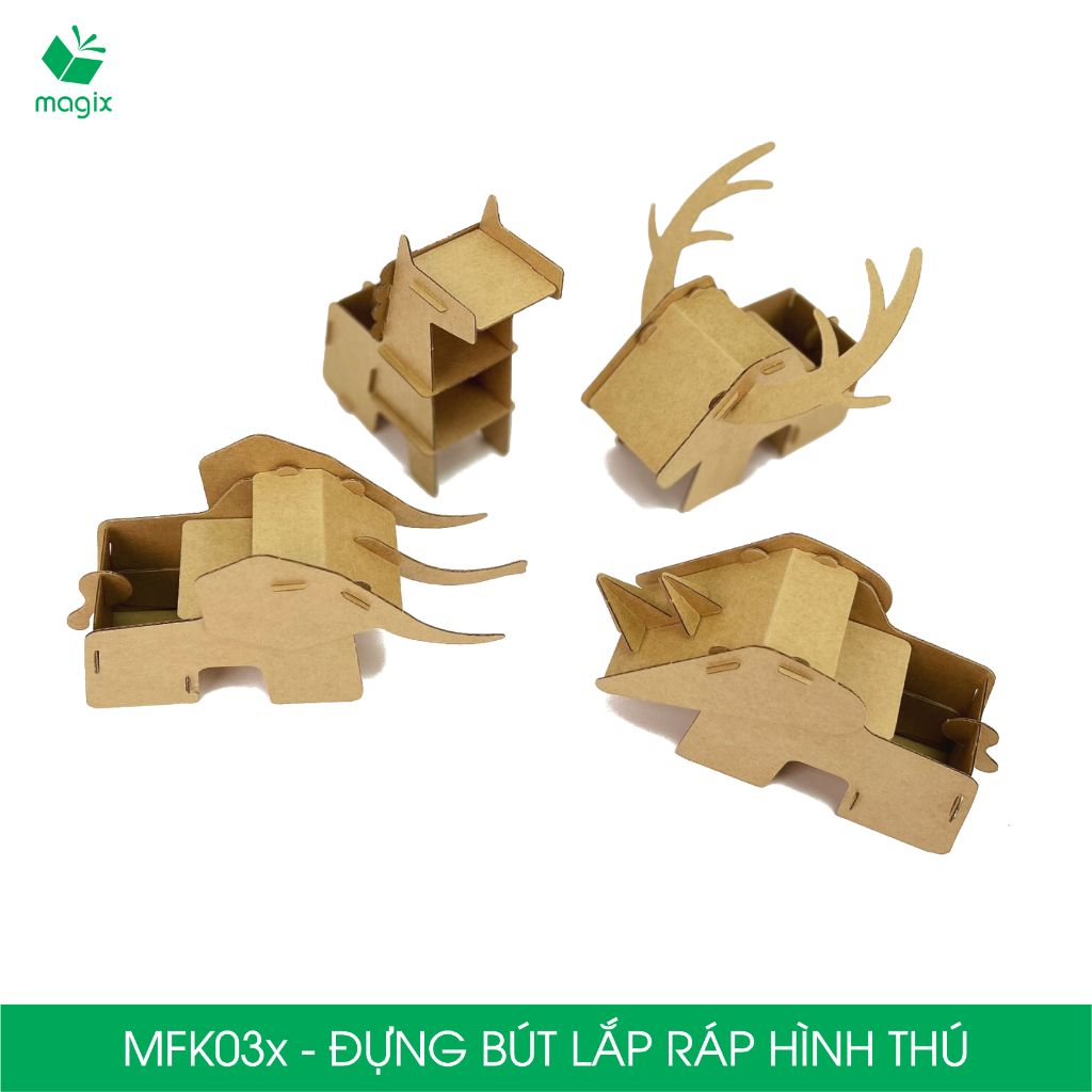 MFK03.CB01 - Combo 4 hộp đựng bút lắp ghép giấy carton hình thú - con voi, tê giác, con hươu, con ngựa