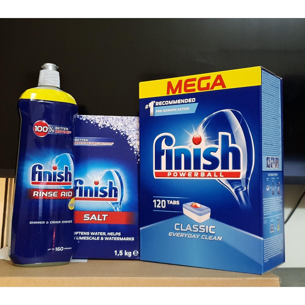 Combo muối rửa bát Finish 1,5kg+viên rửa bát Finish 120 viên+Nước làm bóng bát chén finish 800ml