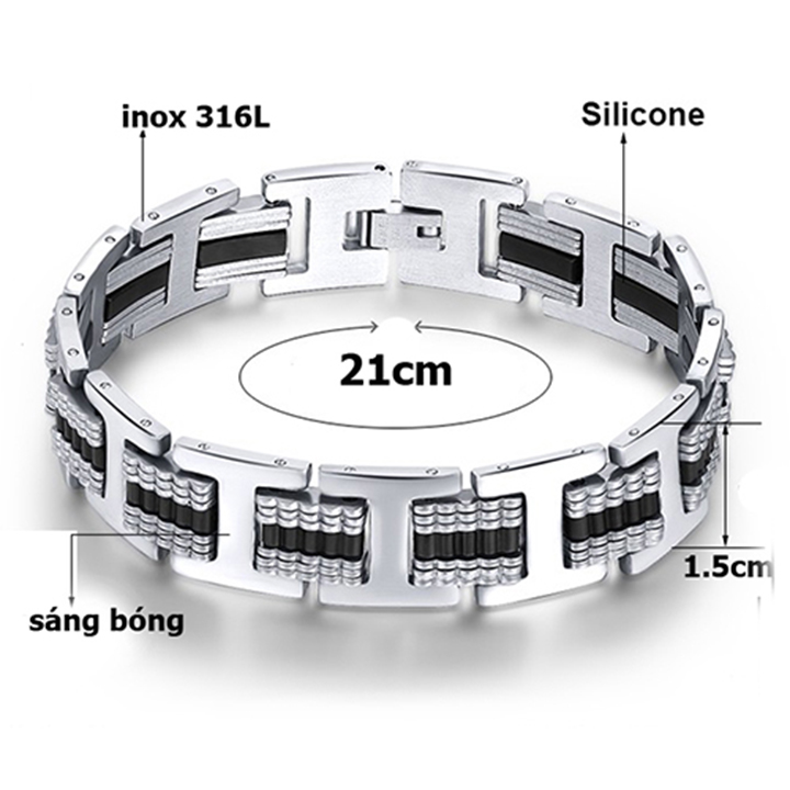 Lắc tay nam inox thời trang kiểu bảng to răng trangsucpt kích cỡ 14mm màu trắng thép không gỉ PTLTNA72