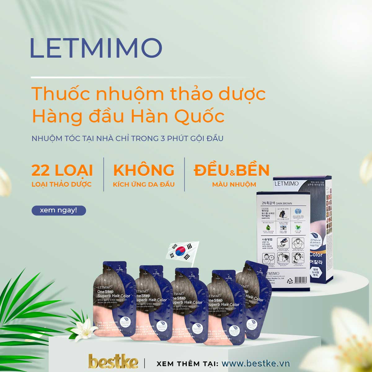 Thuốc nhuộm tóc, nhập khẩu Hàn Quốc, 3N-Màu Nâu Tự Nhiên (Đen tự nhiên), set 02 Gói, Mỗi gói 24g, bk bestke