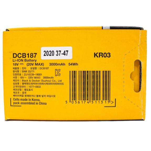 Pin Li-Ion DEWALT 18V (20V Max) 3Ah - DCB187-KR - Chính Hãng - SKU DCB187