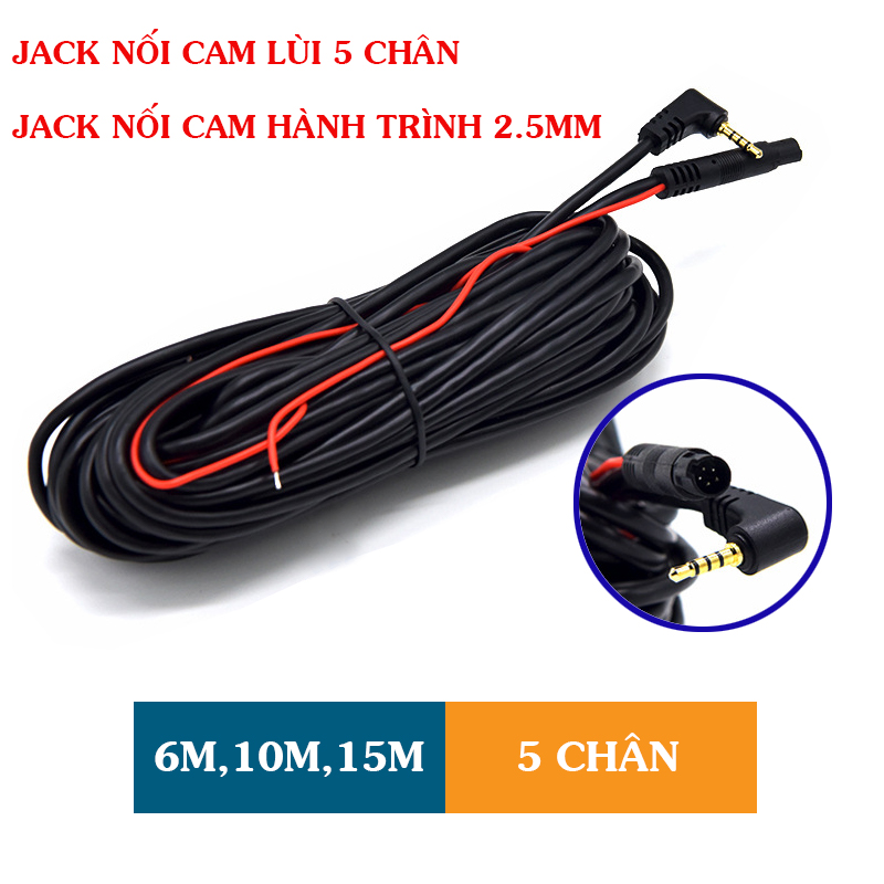 Dây camera lùi ô tô 5 chân dài 6m,10m,15m kết nối camera hành trình bằng jack 2.5mm