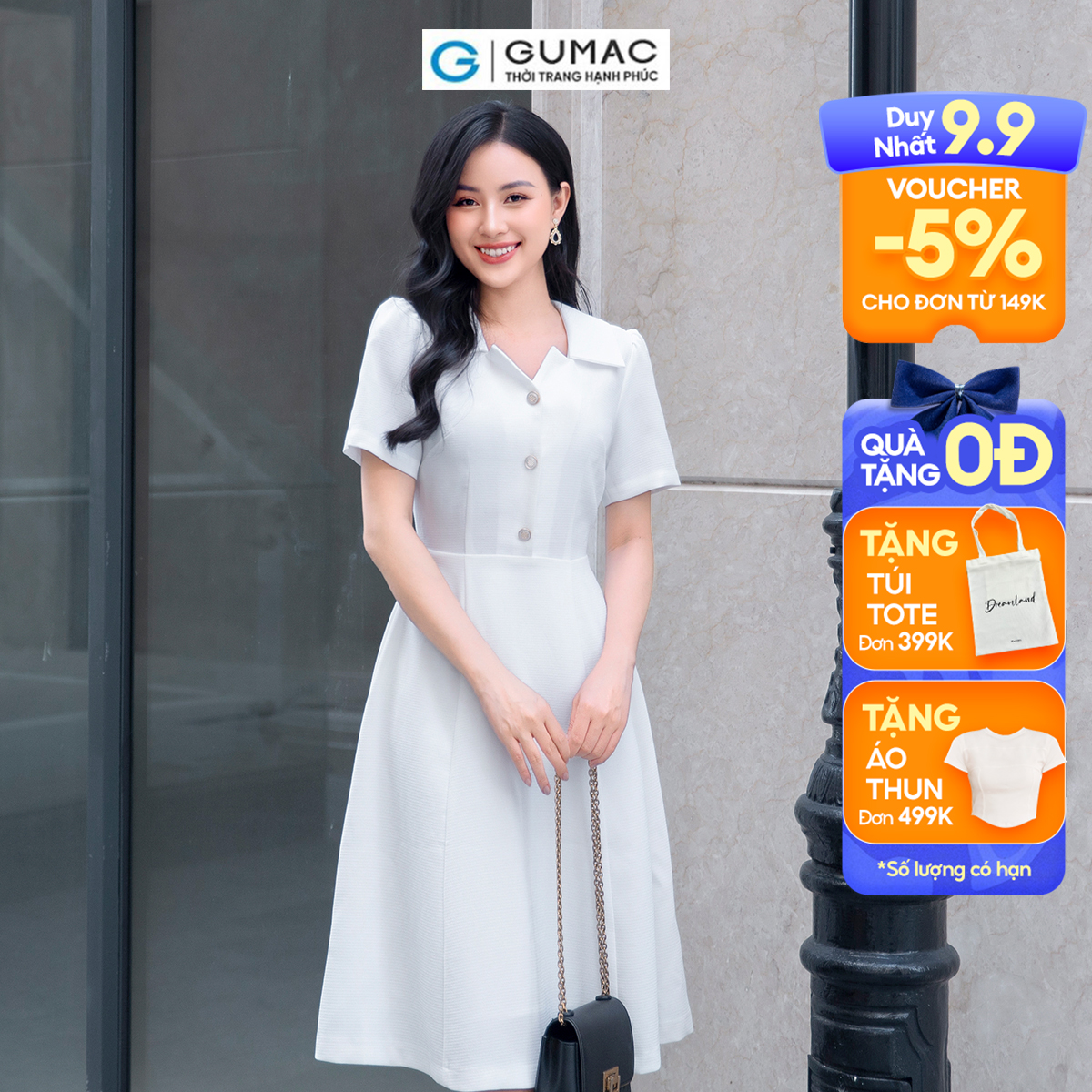 Đầm A cổ cách điệu vải bố giữ phom đi tiệc đi chơi thanh lịch sang trọng GUMAC DD09042