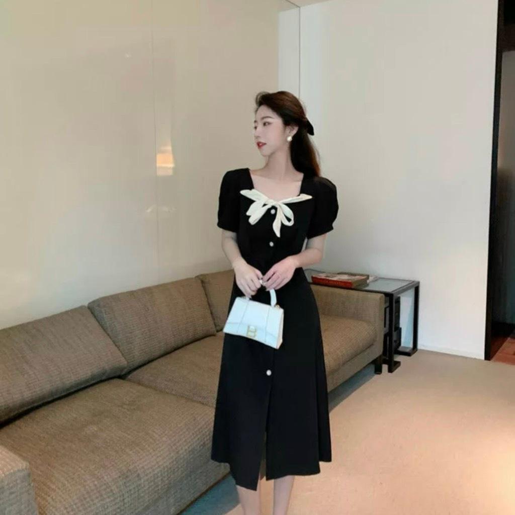 ĐẦM MIDI ĐEN PHỐI NƠ CỔ 12524