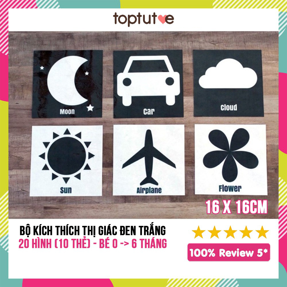 Bộ 10 thẻ Flashcard đen trắng Toptutoe kích thích thị giác Và Giác Quan Trẻ Sơ Sinh Từ 0-12 Tháng phát triền não bộ