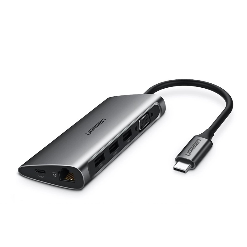 Cáp chuyển đổi USB-C Sang HDMI + 3 cổng USB 3.0 + LAN 1Gbps + Card Reader có hổ trợ cổng USB-C Power Port Vỏ nhôm dài 15cm màu Xám Ugreen TC50538CM121 Hàng chính hãng.