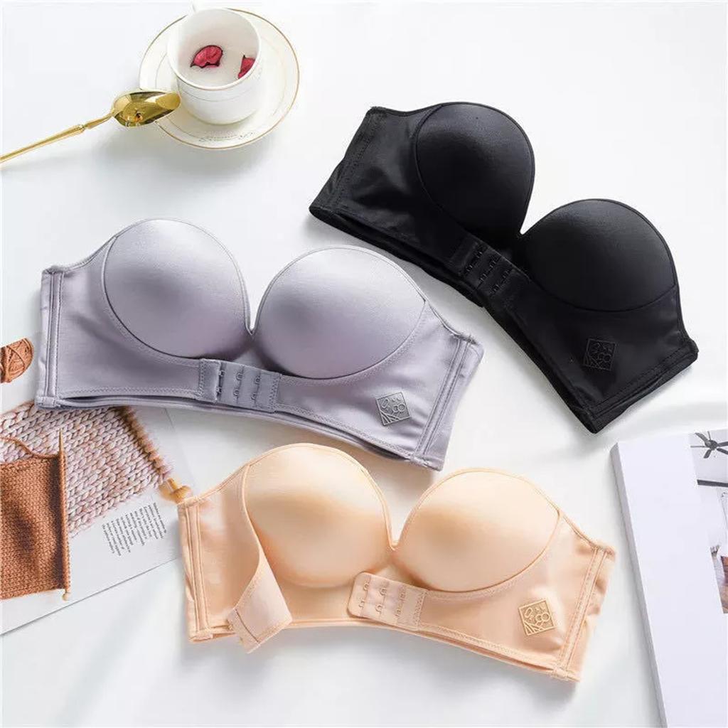 Women's Lift Strapless Bra Front Buckle Bralette Invisible Wirefree Anti-Slip Push Up Underwear 3/4 Cup