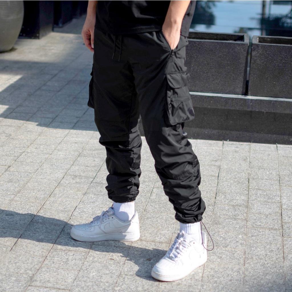 Quần Dù Túi Hộp Streetwear Cao Cấp FNOS Màu Đen 2 Lớp - Ống Rộng - Có Dây Rút Chân