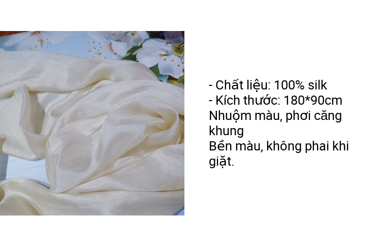 Khăn Lụa Tơ Tằm Palacesilk trơn màu trắng#mềm mượt#nhẹ#thoáng, 100% silk, kích thước 180*85cm