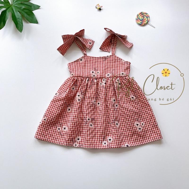 Váy 2 Dây Nơ Caro Hoa Bé Gái 4 Đến 28kg, Đầm Bé Gái Chất Thô Nhật Mềm Mướt