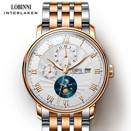 Đồng hồ nam chính hãng Lobinni Ref.1023-6 (Phiên bản đặc biệt Limited) Kính sapphire nguyên khối ,chống xước,chống nước 50m ,mặt trắng vỏ vàng hồng dây kim loại thép không gỉ 316L ,Đồng hồ cơ (Automatic) ,BH 24 tháng,thiết kế sun and moon sang trọng