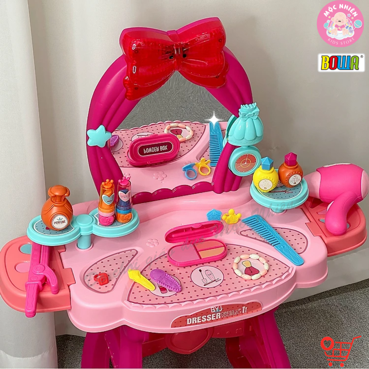 Đồ chơi hướng nghiệp nhập vai BOWA 8222C - Bàn trang điểm, kèm ghế, có nhạc, cảm ứng, có dùng pin 36 chi tiết