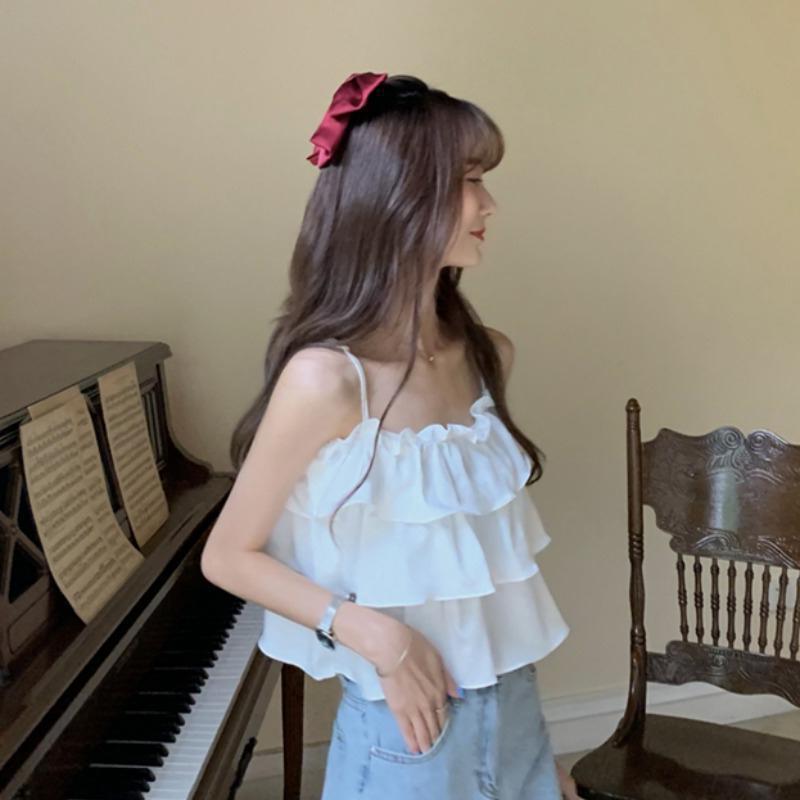 Áo hai dây, Áo croptop trễ vai bánh bèo tiểu thư nhiều tầng xinh xắn đi dã ngoại đi chơi đi du lịch thoáng mát AO003