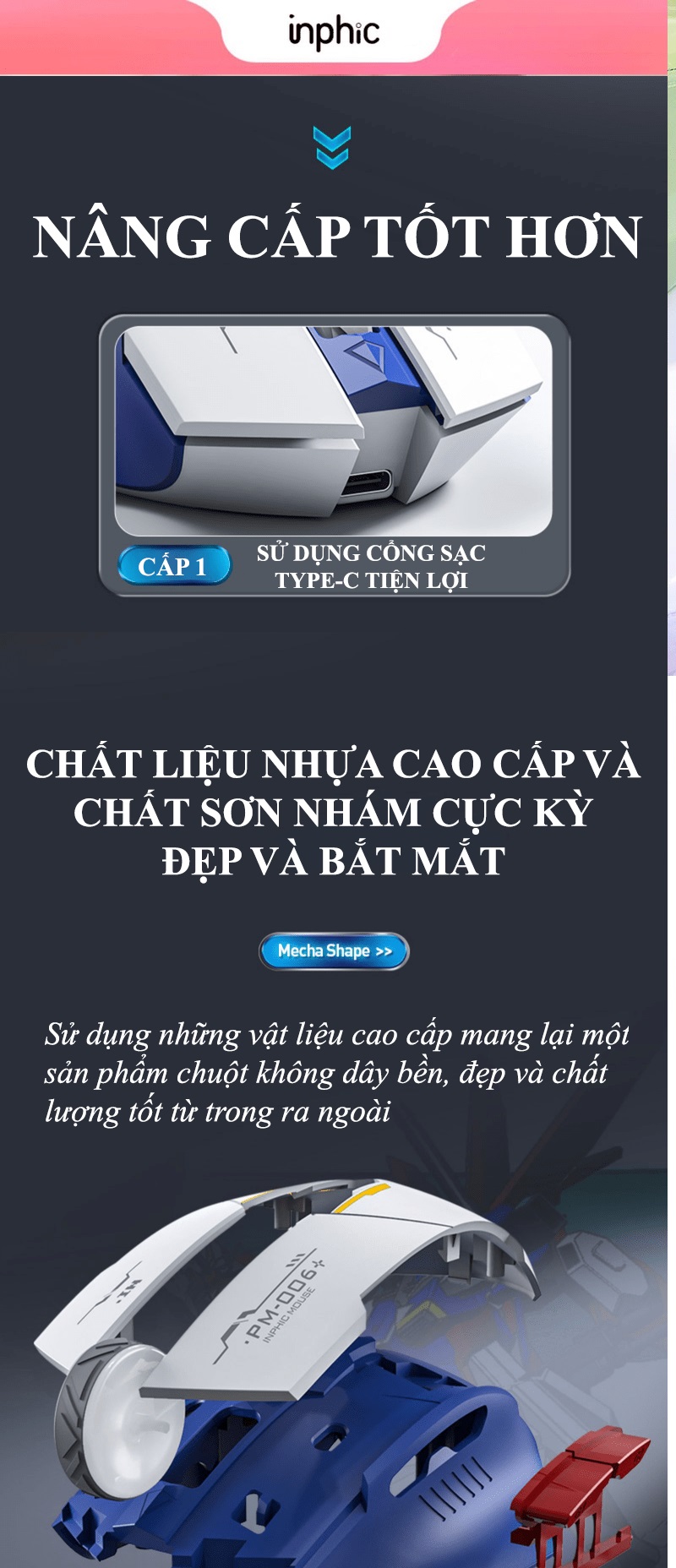 Chuột không dây INPHIC M6P ROBOT kết nối bằng chip USB 2.4GHz thiết kế cực ngầu có đèn led báo hiệu dung lượng pin- JL- HÀNG CHÍNH HÃNG