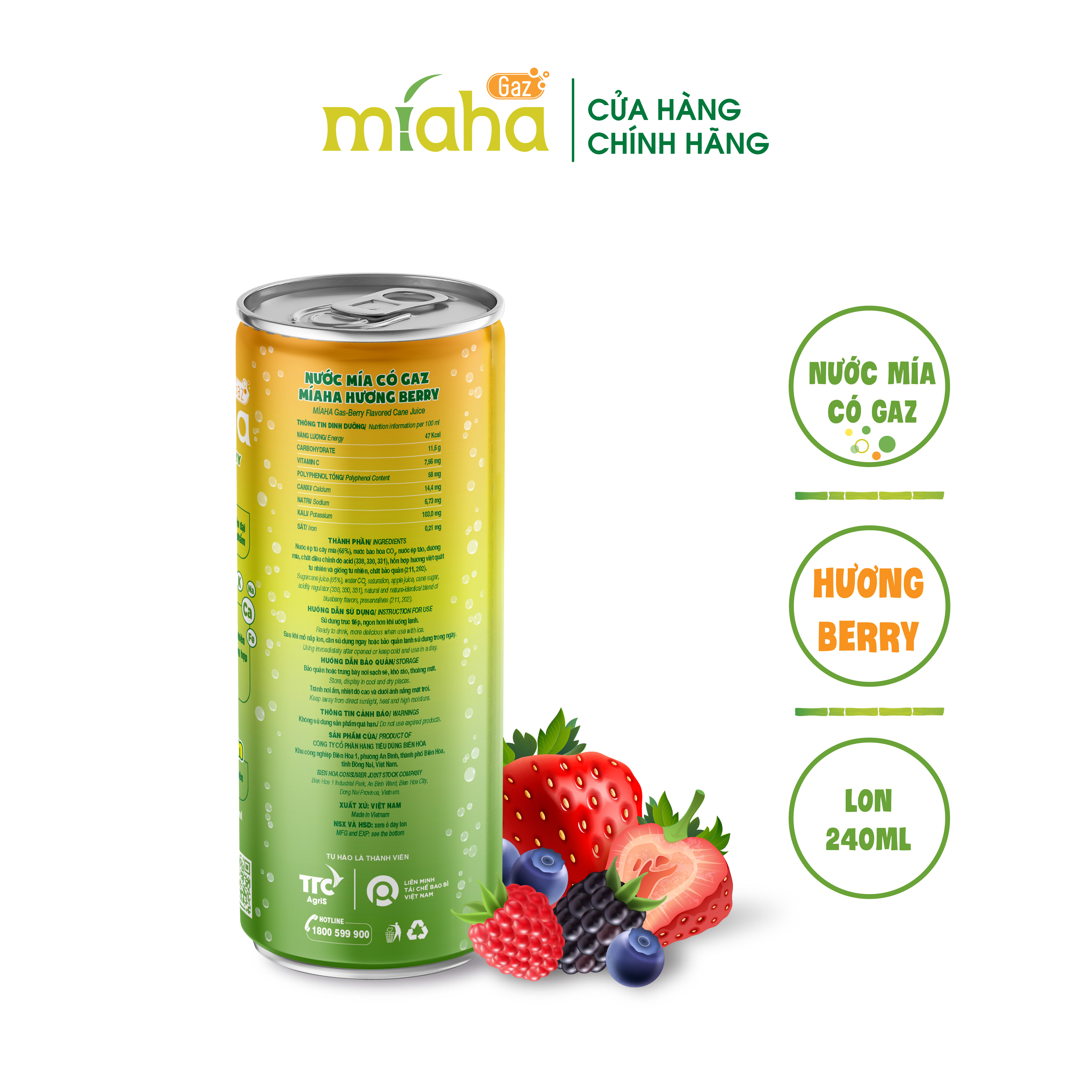 Combo 6 Lon Nước mía có gaz MÍA-HA GAZ hương Berry 240ml/Lon