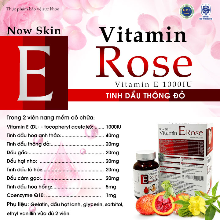 Viên uống đẹp da ngăn ngừa lão hóa Now Skin Vitamin E Rose 1000IU giúp giảm sạm nám nếp nhăn tàn nhang. Hộp 30 viên