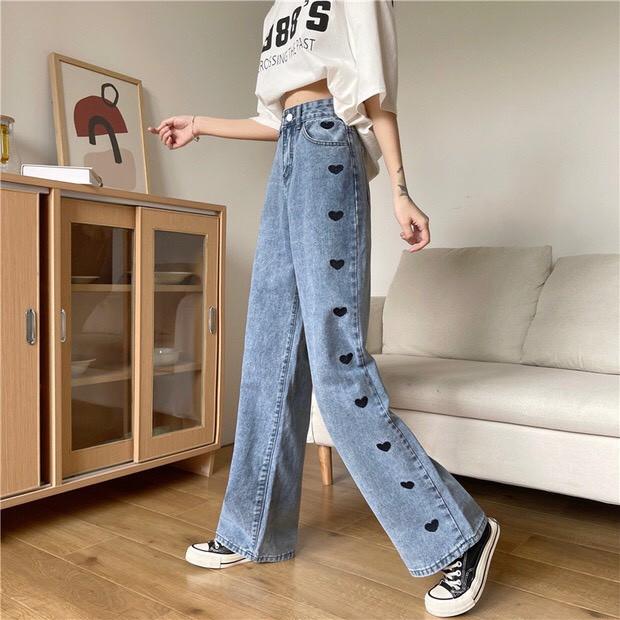 Quần Jeans Ống Rộng In Trái Tim Dọc - Quần Ống Rộng Nữ Dáng Suông Lưng Cao Ulzzang Q45