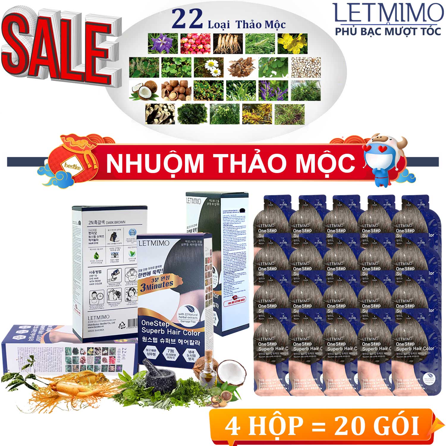 Thuốc nhuộm tóc màu đen 2N LETMIMO thảo mộc combo 4 hộp = 20 gói mỗi gói 24g bestke