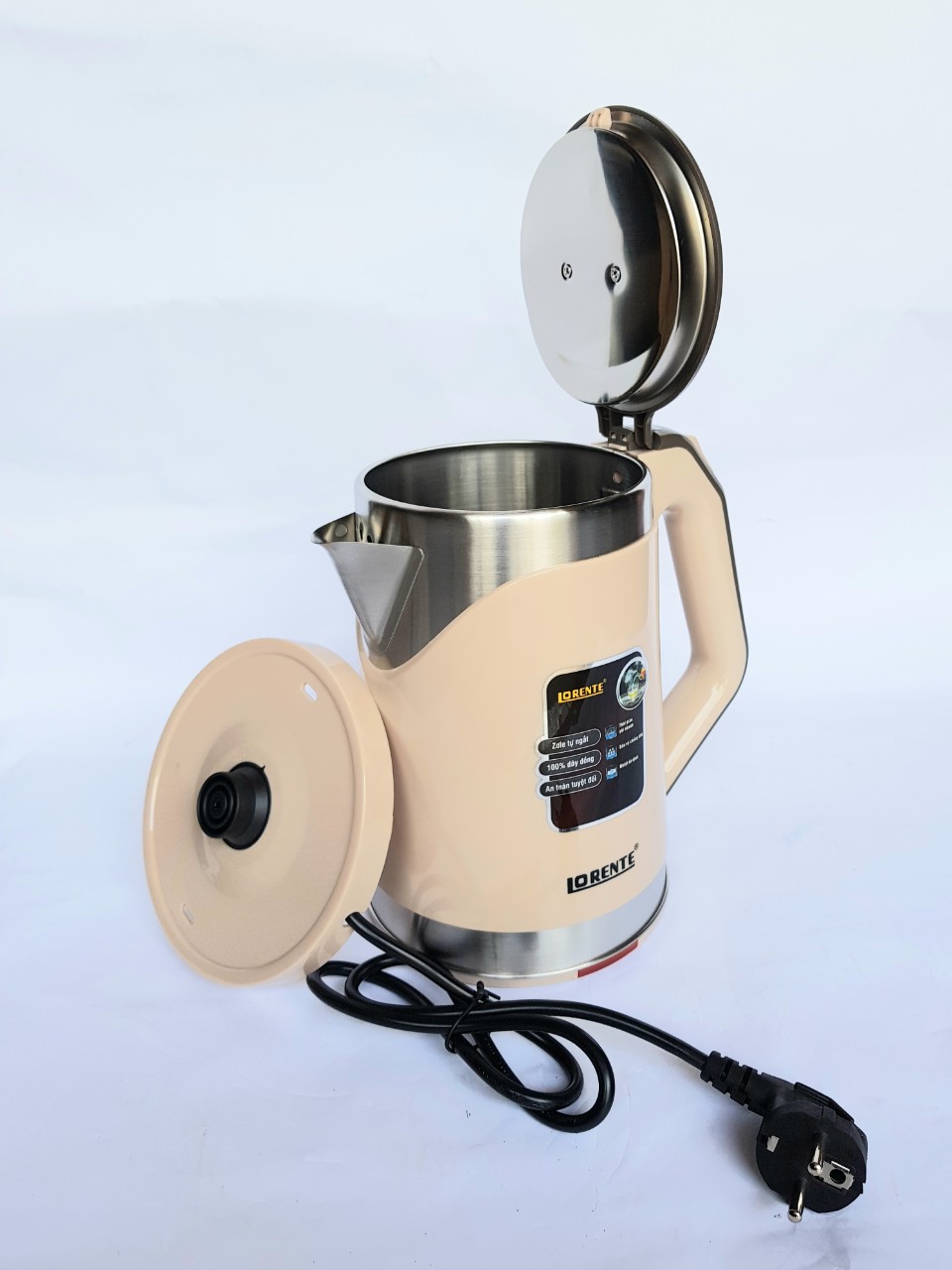 Bình Ấm Đun Siêu Tốc 2 lớp 2.0 Lít, 1500W, Không mùi, Chống nóng, Tự ngắt, Rơ le Chống cạn - Lorente LT3099 - Hàng Chính Hãng