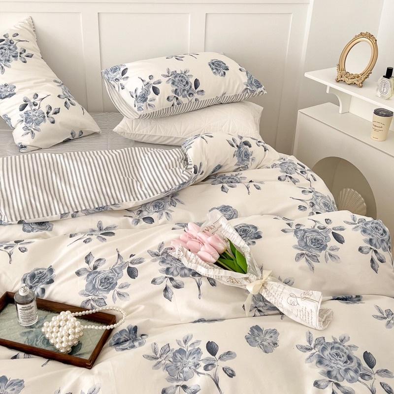 Bộ Chăn Ga Gối Cotton living 100%cotton Hàng Nhập Khẩu Cao Cấp Hoa Hồng Pháp