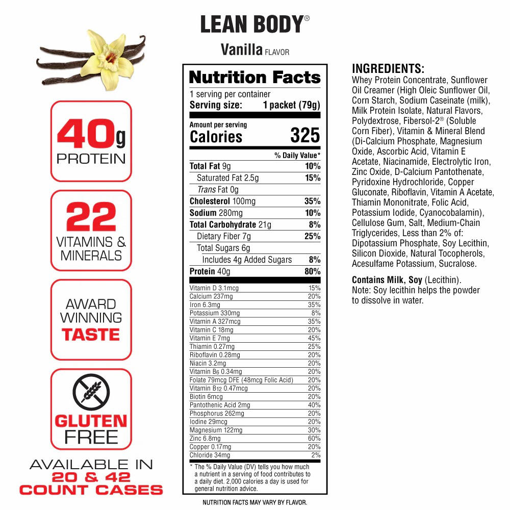 Labrada Lean Body 80 gói, Sữa Bột Thay Thế Bữa Ăn Tiện Lợi, Bổ Sung 40g Protein, 24g Tinh Bột Giàu Chất Xơ và 21 Vitamin Khoáng Chất, 79G/Gói