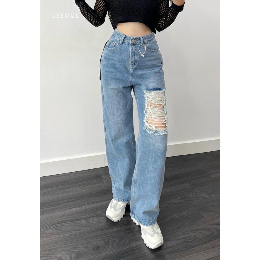 QUẦN BAGGY JEAN NỮ ỐNG SUÔNG LƯNG CAO RÁCH BỤI THỜI TRANG
