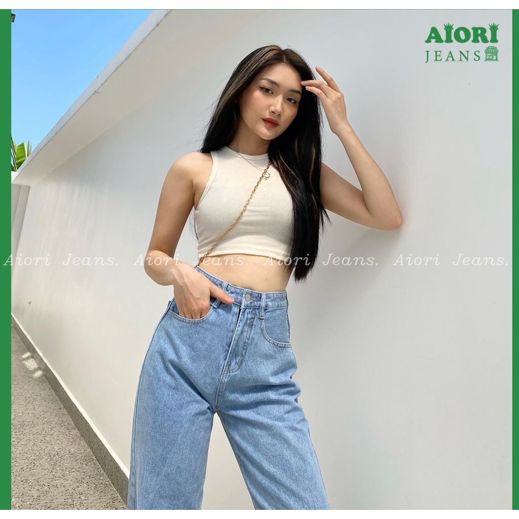 Quần Jeans Nữ, Quần Bò Nữ Aiori Ống Rộng Cạp Cao Trơn Kiểu Bò Suông Phong Cách Thời Trang Hàn Quốc Ulzzang_Mã A003