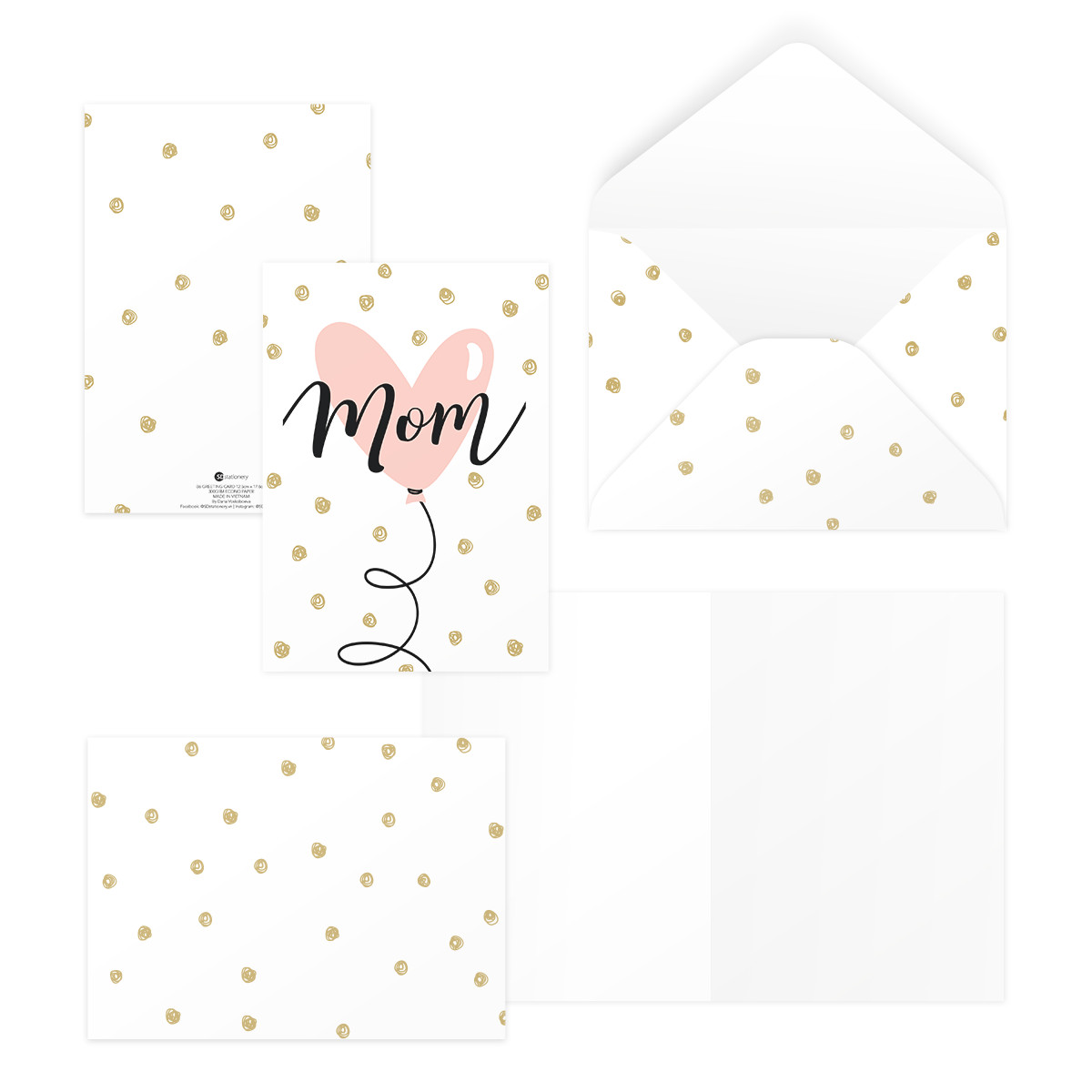 Thiệp tặng mẹ, mother’s day, ngày phụ nữ, ngày Vu Lan MOM 12,5x17,6 SDstationery PINK pattern bong bóng trái tim chấm bi