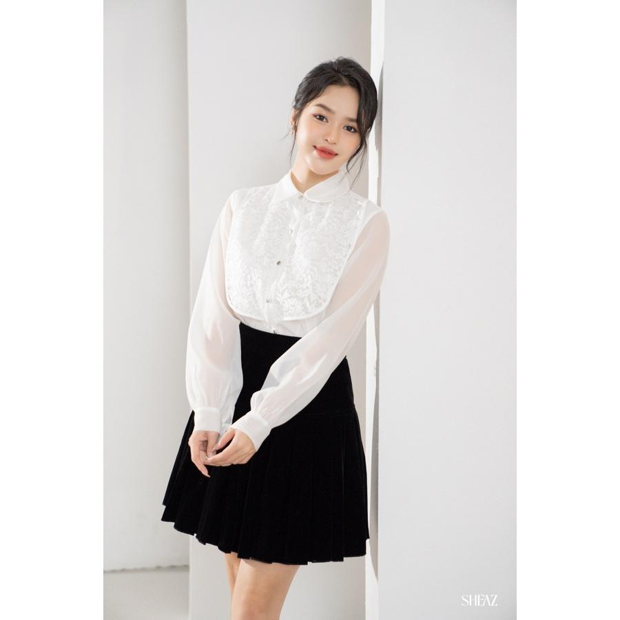 SHEAZ Sơ mi tơ trắng phối ren ngực cao cấp cổ đức cổ sơ mi tay dài phong cách Hàn Quốc