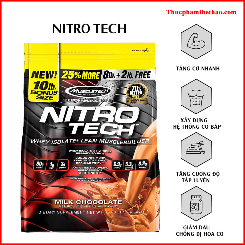 Sữa tăng cơ tăng sức mạnh Nitro Tech 10lbs (~4.54kg) – Bổ sung nguồn Protein chất lượng cao hỗ trợ phát triển cơ bắp to + dày, đồng thời bổ sung thêm Creatine giúp gia tăng sức bền hỗ trợ tập luyện - Hàng nhập khẩu chính hãng - Thương hiệu Muscletech - Kè