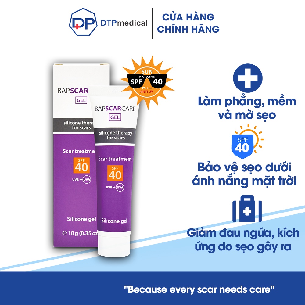 Kem trị sẹo SPF40 Bapscarcare bảo vệ vết sẹo chống nắng, chống tia uv và giảm ngứa hiệu quả cho làn da (Tuýp 10g)